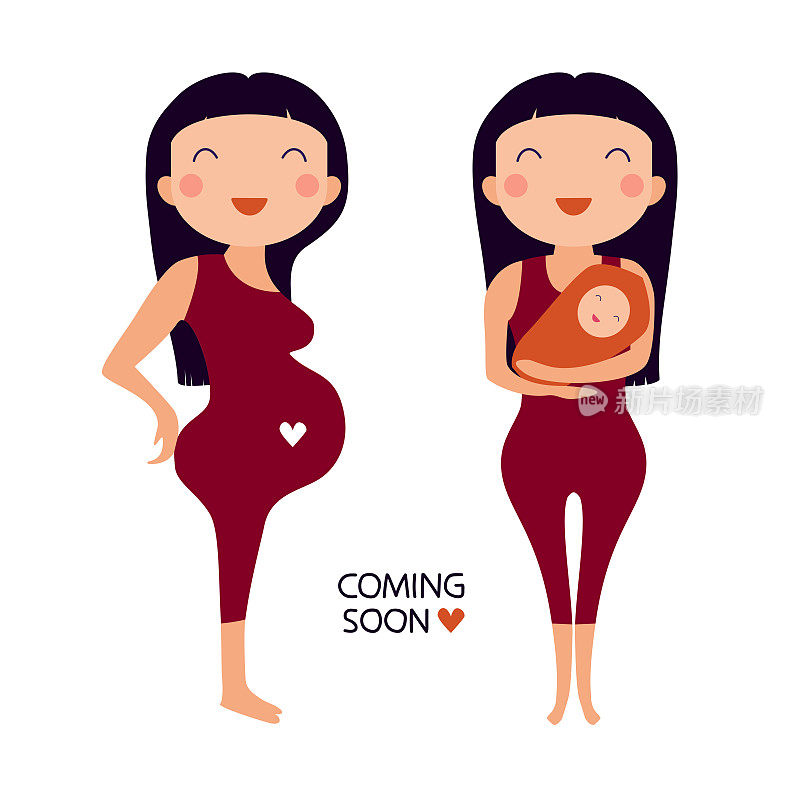 插图与快乐的孕妇和妇女与婴儿的手。可爱的卡通人物设置在向量。文字“COMING SOON”